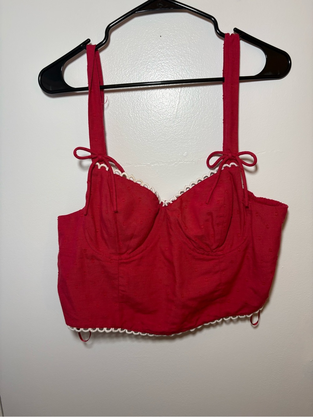 Red Longline Bralette Crop Top with White Scallop Trim
